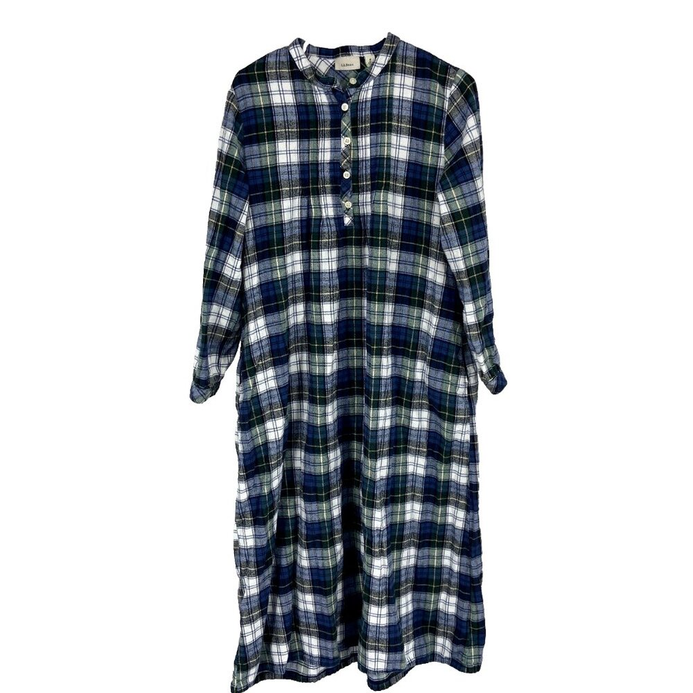 LL Bean Women M Nightgown Night Blue Green Plaid Sleep Gown Flannel Pajama Soft